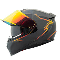 Speed and Strength Cruise Missile™ SS1660 full-face motorcycle helmet in gloss black with orange graphics, shown in left-side profile with the iridium outer face shield raised to reveal the internal drop-down sun visor. Features a rear spoiler, aerodynamic shell, and aggressive sport-touring design.