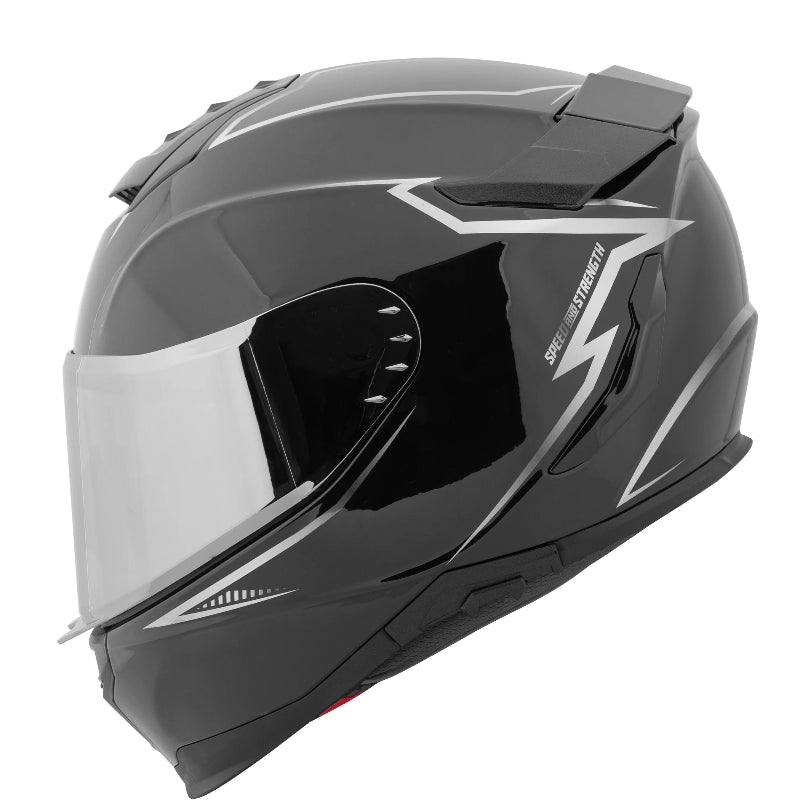 Speed & Strength Cruise Missile™ SS1660 full-face motorcycle helmet in Gloss Black/Silver shown from the left-side profile. Features a lightweight aerodynamic shell, clear face shield, integrated rear spoiler, adjustable ventilation system, and silver graphics with Speed & Strength branding. Ideal for street riding, commuting, sport riding, and touring.
