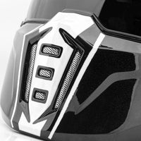 Close-up of a motorcycle helmet with a black and white design