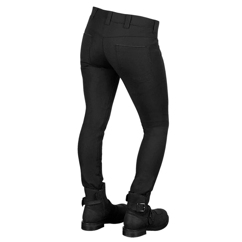 A pair of black, mid-rise skinny fit motorcycle pants with reinforced knee and seat areas, and reflective logo.