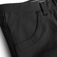 Close-up of black pants with a pocket detail on a light gray background