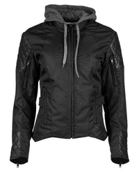A black Speed and Strength women's textile motorcycle jacket with a hood, leather accents, and reflective trim.