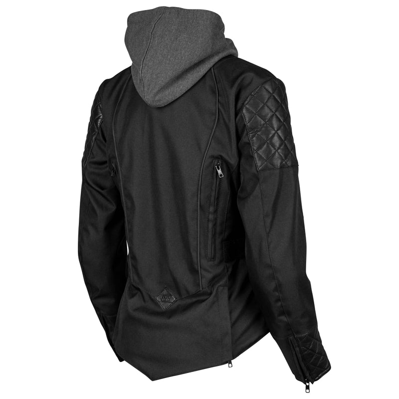 A black Speed and Strength women's textile motorcycle jacket with a hood, leather accents, and reflective trim rear side view
