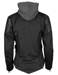 A black Speed and Strength women's textile motorcycle jacket with a hood, leather accents, and reflective trim rear view