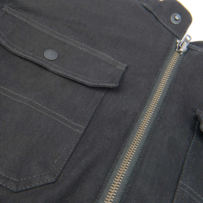 Close-up of a black jacket with a zipper and pocket