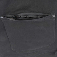 Close-up of a dark gray fabric pocket with a zipper on a matching background