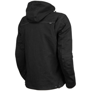 Black jacket with a hood on a white background