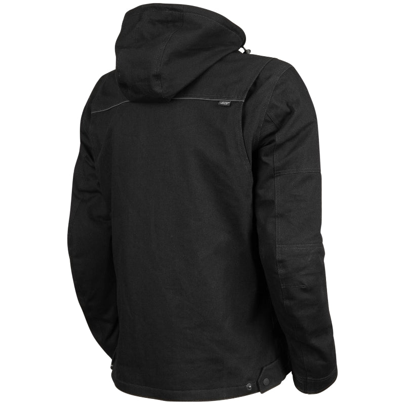 Black jacket with a hood on a white background