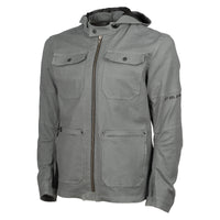 Gray jacket with multiple pockets and a zipper on a white background