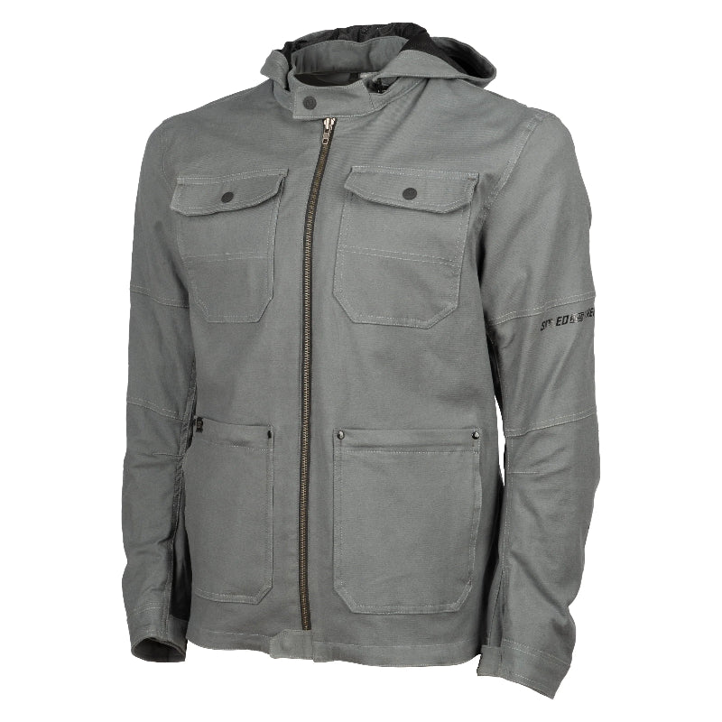 Gray jacket with multiple pockets and a zipper on a white background