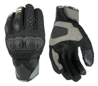 Front and palm views of the Gryphon Sahara Vented Motorcycle Gloves in Black. These short-cuff summer riding gloves feature a breathable 3D mesh upper with genuine goat leather reinforcements for comfort and durability. The back of the glove includes hard TPU knuckle protection, rubber finger protectors, and ventilated finger panels for increased airflow. The palm features reinforced leather, padded impact zones, silicone grip panels, touchscreen-compatible fingertips, and a secure adjustable hook-and-loop 