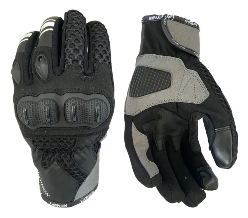 Front and palm views of the Gryphon Sahara Vented Motorcycle Gloves in Black. These short-cuff summer riding gloves feature a breathable 3D mesh upper with genuine goat leather reinforcements for comfort and durability. The back of the glove includes hard TPU knuckle protection, rubber finger protectors, and ventilated finger panels for increased airflow. The palm features reinforced leather, padded impact zones, silicone grip panels, touchscreen-compatible fingertips, and a secure adjustable hook-and-loop 
