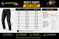 Scorpion EXO men's pants size chart with measurements and fitting instructions.