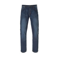 Front view of Scorpion EXO Covert II Men's Motorcycle Jeans in Blue with a straight-leg fit, reinforced protective riding denim, and classic five-pocket styling. Comfortable motorcycle riding jeans for men available in Canada from Yukon Moto Gear & Apparel.