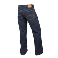 Back view of a pair of blue jeans on a white background