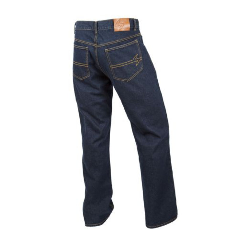 Back view of a pair of blue jeans on a white background