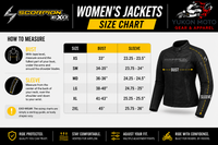 Scorpion EXO women's jacket size chart with measurement guide and Yukon Moto branding.