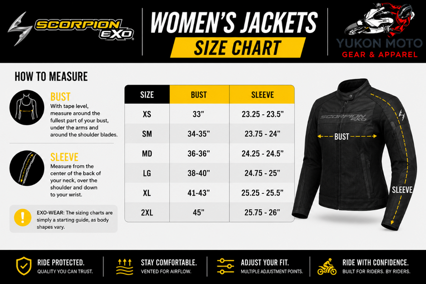 Scorpion EXO women's jacket size chart with measurement guide and Yukon Moto branding.