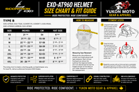 Scorpion EXO-AT960 Helmet Size Chart & Fit Guide featuring the Scorpion EXO and Yukon Moto Gear & Apparel (YMGA) logos. The guide includes the official Type B helmet sizing chart with head circumference measurements in inches, centimetres, and hat sizes for XS through 4XL. It also provides illustrated instructions showing the correct way to measure head circumference with a tape measure and step-by-step helmet fitting techniques for achieving a snug, secure fit. Along the bottom, feature icons highlight adv