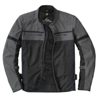 A dark grey and black Scorpion EXO men's cargo air motorcycle jacket with a mesh material, featuring multiple pockets and CE armor at the shoulders and elbows.