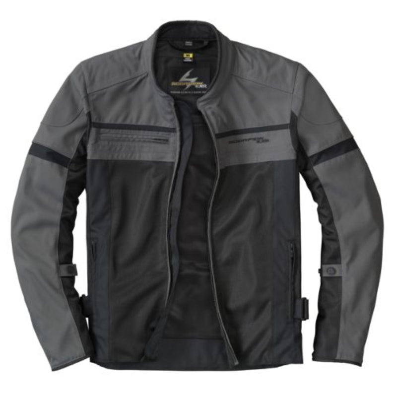 A dark grey and black Scorpion EXO men's cargo air motorcycle jacket with a mesh material, featuring multiple pockets and CE armor at the shoulders and elbows.