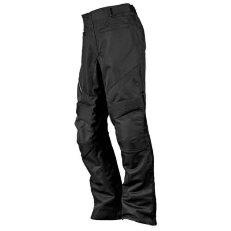 A pair of black Scorpion EXO Men's DRAFTER II Motorcycle Pants with ventilated mesh, Exo-Tec CE approved armor at the knees, and reflective trim.