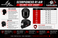 Scorpion EXO R1 Air helmet size chart with measurements and features.