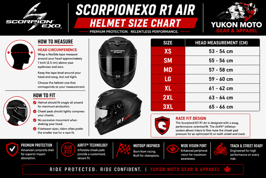 Scorpion EXO R1 Air helmet size chart with measurements and features.