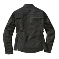 Back view of a  black Scorpion EXO women's cargo air motorcycle jacket with CE Level 1 armor in the shoulders and elbows, featuring multiple pockets and a zippered storage pocket at the back.