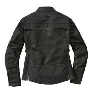 Back view of a  black Scorpion EXO women's cargo air motorcycle jacket with CE Level 1 armor in the shoulders and elbows, featuring multiple pockets and a zippered storage pocket at the back.