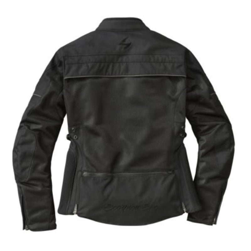 Back view of a  black Scorpion EXO women's cargo air motorcycle jacket with CE Level 1 armor in the shoulders and elbows, featuring multiple pockets and a zippered storage pocket at the back.