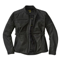 A black Scorpion EXO women's cargo air motorcycle jacket with CE Level 1 armor in the shoulders and elbows, featuring multiple pockets and a zippered storage pocket at the back.