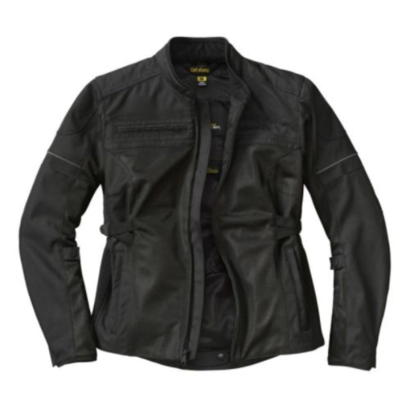 A black Scorpion EXO women's cargo air motorcycle jacket with CE Level 1 armor in the shoulders and elbows, featuring multiple pockets and a zippered storage pocket at the back.