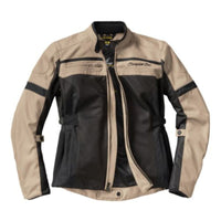 A black and sand colour Scorpion EXO women's cargo air motorcycle jacket with CE Level 1 armor in the shoulders and elbows, featuring multiple pockets and a zippered storage pocket at the back.