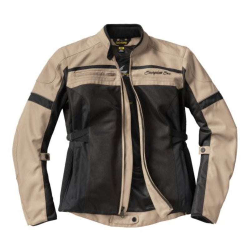 A black and sand colour Scorpion EXO women's cargo air motorcycle jacket with CE Level 1 armor in the shoulders and elbows, featuring multiple pockets and a zippered storage pocket at the back.