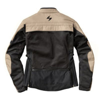 The back view of a  black and sand coloured Scorpion EXO women's cargo air motorcycle jacket with CE Level 1 armor in the shoulders and elbows, featuring multiple pockets and a zippered storage pocket at the back.