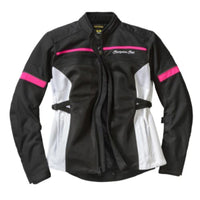 A black white and pink Scorpion EXO women's cargo air motorcycle jacket with CE Level 1 armor in the shoulders and elbows, featuring multiple pockets and a zippered storage pocket at the back.