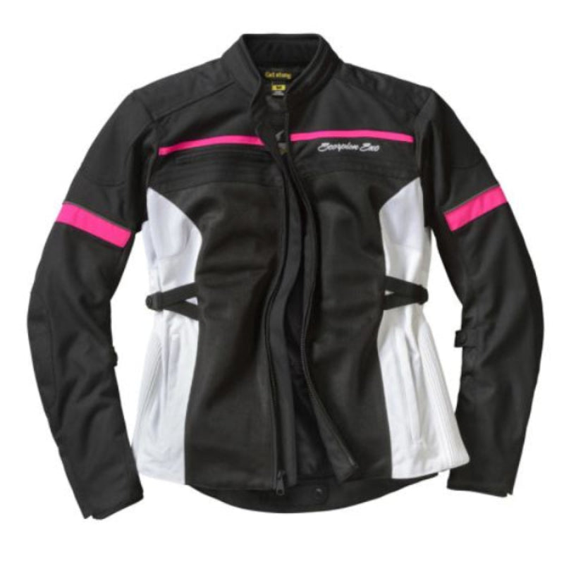A black white and pink Scorpion EXO women's cargo air motorcycle jacket with CE Level 1 armor in the shoulders and elbows, featuring multiple pockets and a zippered storage pocket at the back.