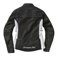 A black and white  Scorpion EXO women's cargo air motorcycle jacket with CE Level 1 armor in the shoulders and elbows, featuring multiple pockets and a zippered storage pocket at the back.
