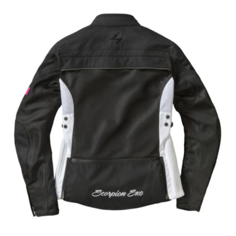 A black and white  Scorpion EXO women's cargo air motorcycle jacket with CE Level 1 armor in the shoulders and elbows, featuring multiple pockets and a zippered storage pocket at the back.
