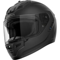 Black motorcycle helmet with clear visor on a white background