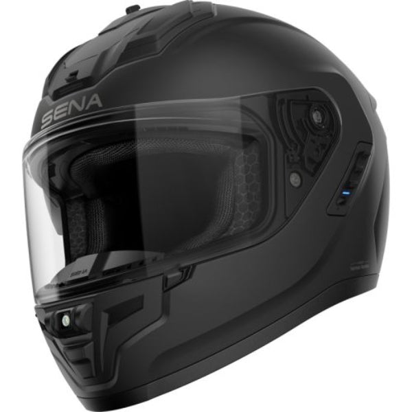 Black motorcycle helmet with clear visor on a white background