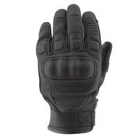 Dogs of War black motorcycle gloves with Speed and Strength branding on a white background