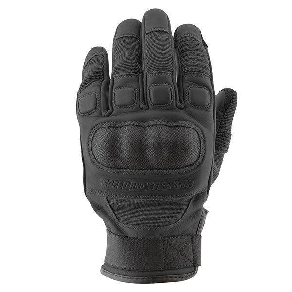Dogs of War black motorcycle gloves with Speed and Strength branding on a white background