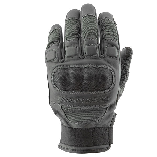 Dogs of War Gray motorcycle gloves with 'Speed and Strength' branding on a white background
