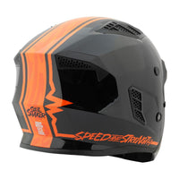 Backside view of Black and orange motorcycle helmet with 'Speed and Strength' branding on a white background