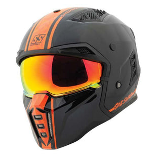 Black speed & strength SS2450 Soul Shaker motorcycle helmet with orange accents on a white background