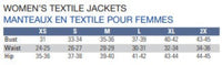 Textile jacket size chart for women with measurements in centimeters.