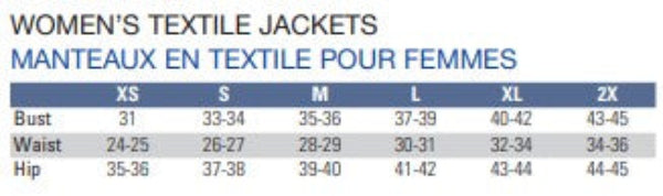 Textile jacket size chart for women with measurements in centimeters.