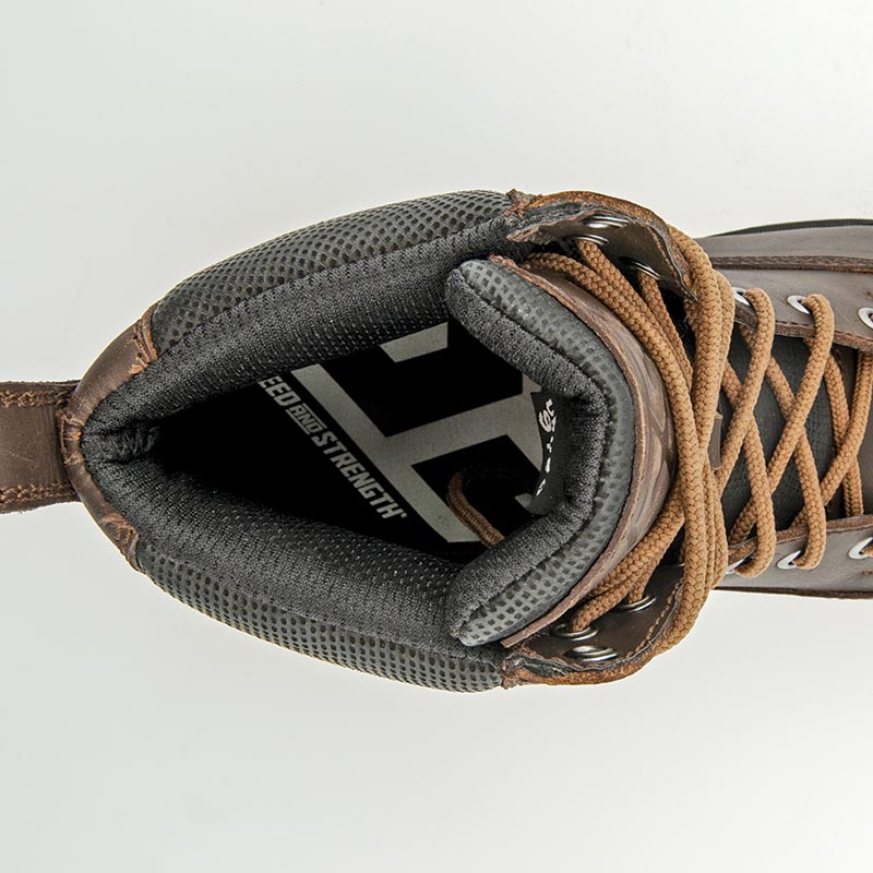 Close-up top view of the Speed and Strength CALL TO ARMS Motorcycle Boot highlighting the padded ankle collar, breathable mesh lining, cushioned interior, and lace-up opening. Designed to provide all-day riding comfort, secure fit, and enhanced support for commuting, touring, and everyday motorcycle use.